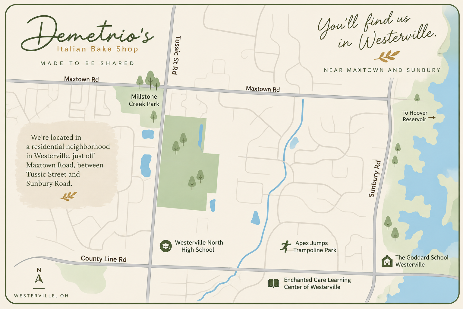 Illustrated map showing Demetrio's general neighborhood in northeast Westerville, Ohio, near Maxtown Road and Sunbury Road